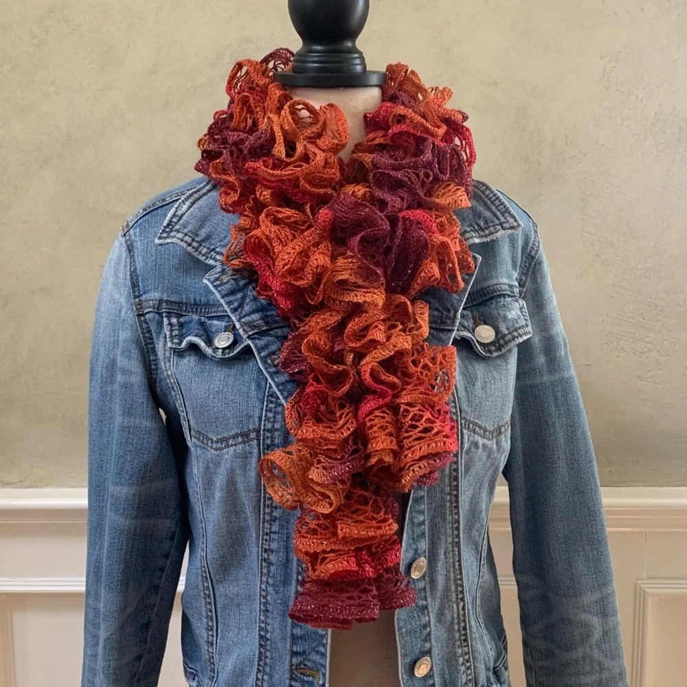 Artisan Handcrafted Ruffled Crochet / Knit Scarf Burgandy Rustic Orange